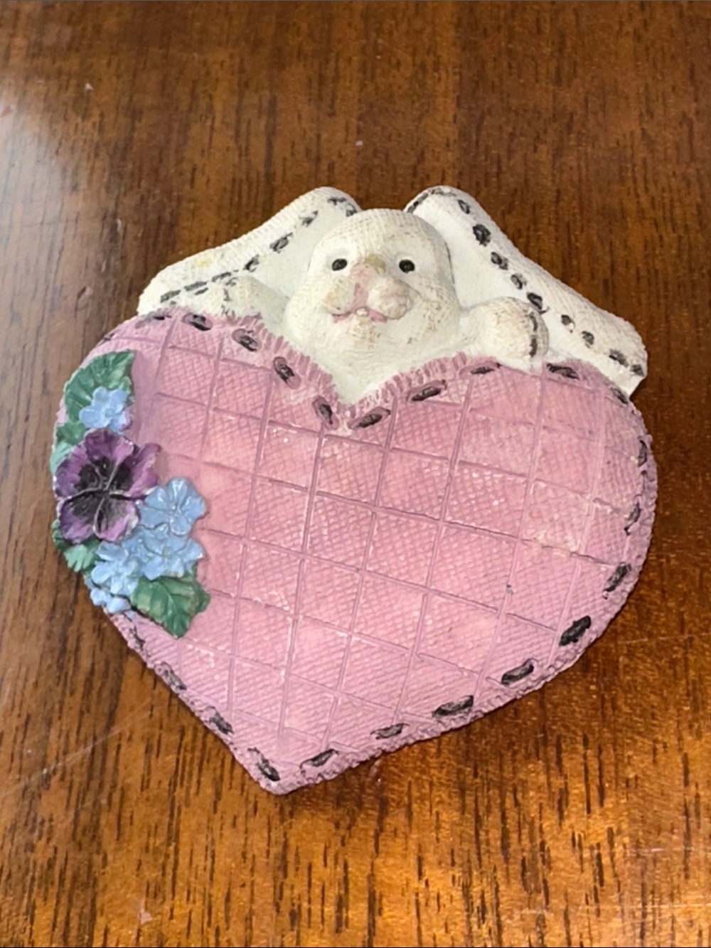 Vintage Pink Heart Bunny Resin Brooch with Floral Accent